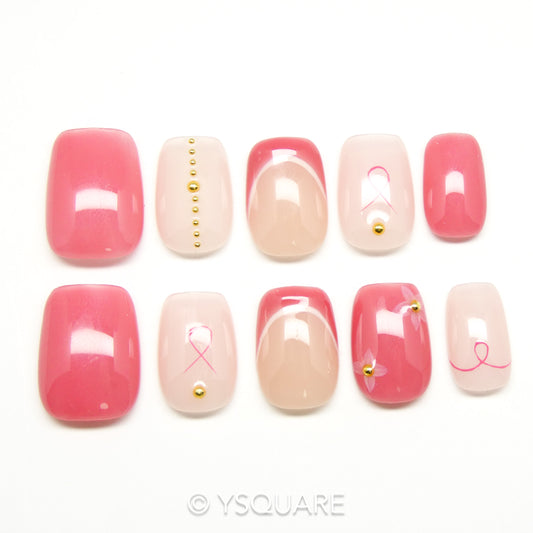 < Octobre Rose > Y.Square Faux Ongles Fait Main Réutilisables / Handmade Press On Nails