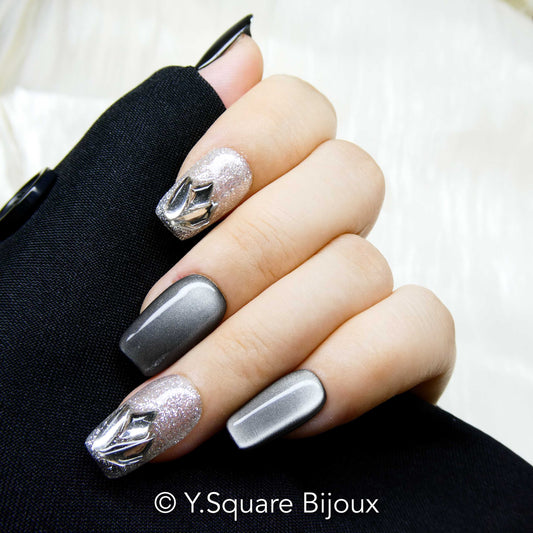 < Black Swan > Y.Square Faux Ongles Fait Main Réutilisables / Handmade Press On Nails
