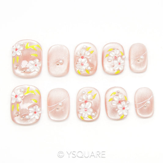 < Cerisier en fleurs > Y.Square Faux Ongles Fait Main Réutilisables