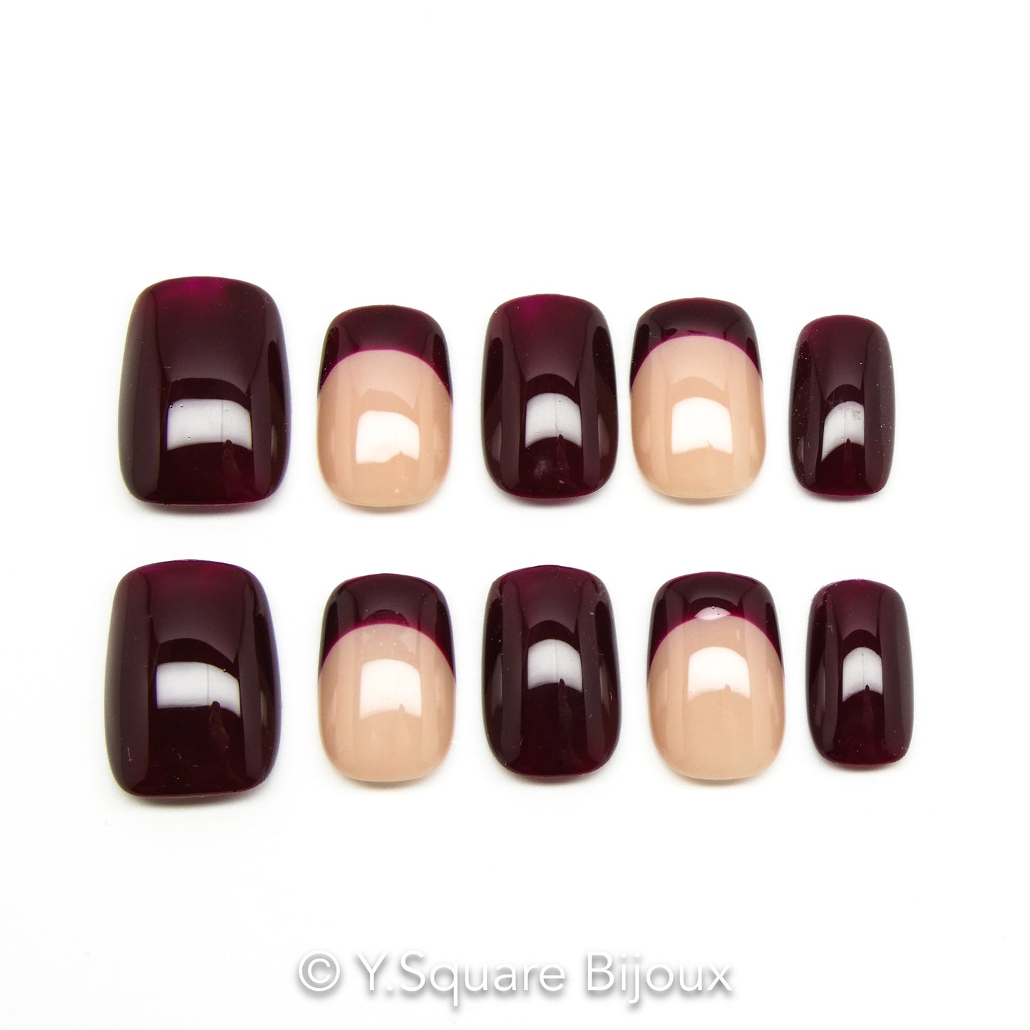 < Bordeaux French >Y.Square Faux Ongles Fait Main Réutilisables