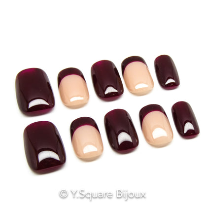 < Bordeaux French >Y.Square Faux Ongles Fait Main Réutilisables
