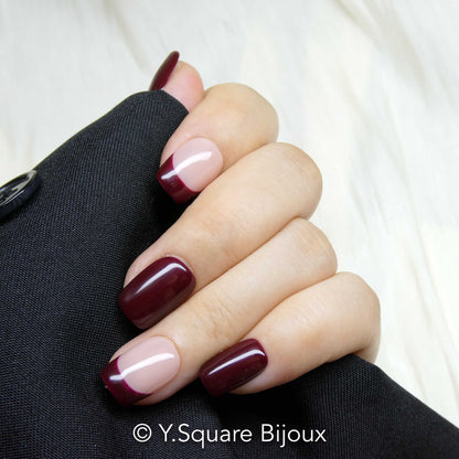 < Bordeaux French >Y.Square Faux Ongles Fait Main Réutilisables