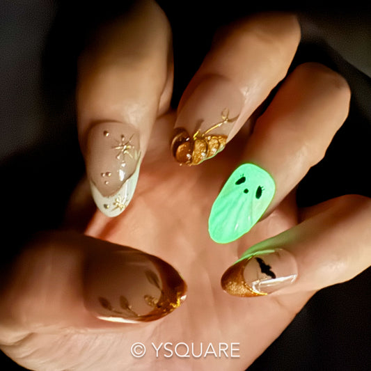 < Bal des Fantômes > Y.Square Faux Ongles Fait Main Réutilisables / Handmade Press On Nails 