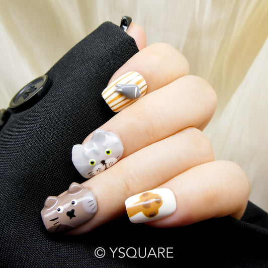 < Chaton > Y.Square Faux Ongles Fait Main Réutilisables