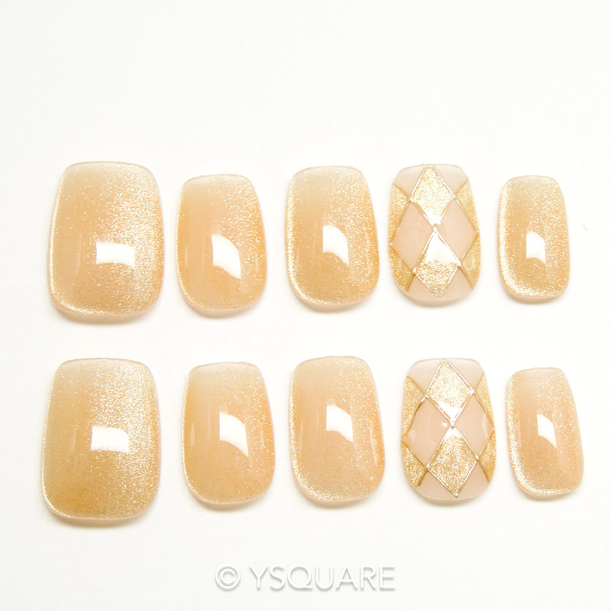< Échiquier doré > Y.Square Faux Ongles Fait Main Réutilisables / Handmade Press On Nails 