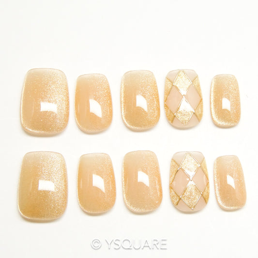 < Échiquier doré > Y.Square Faux Ongles Fait Main Réutilisables / Handmade Press On Nails 