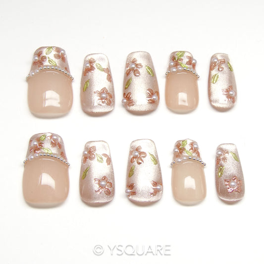 < Flora > Y.Square Faux Ongles Fait Main Réutilisables