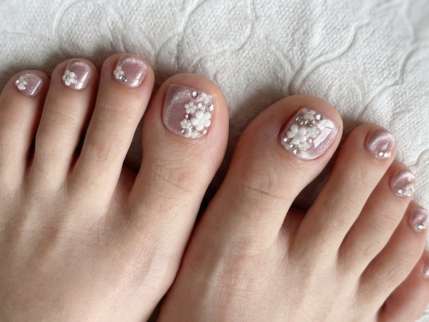 < Pédicure Flora > – Taille unique Press-on Nails Faits Main pour Pieds