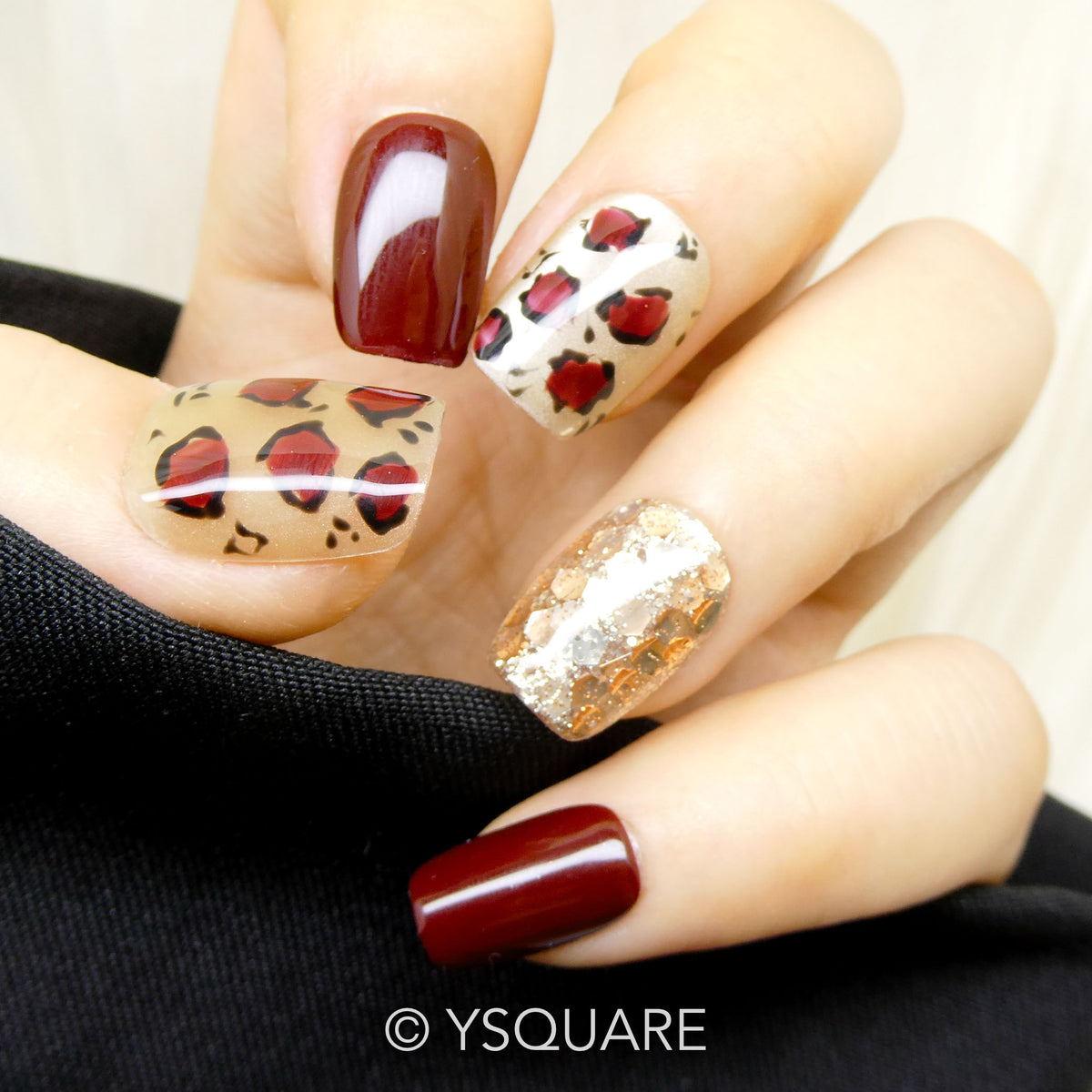 < Léopard Chocolat > Y.Square Faux Ongles Fait Main Réutilisables / Handmade Press On Nails 