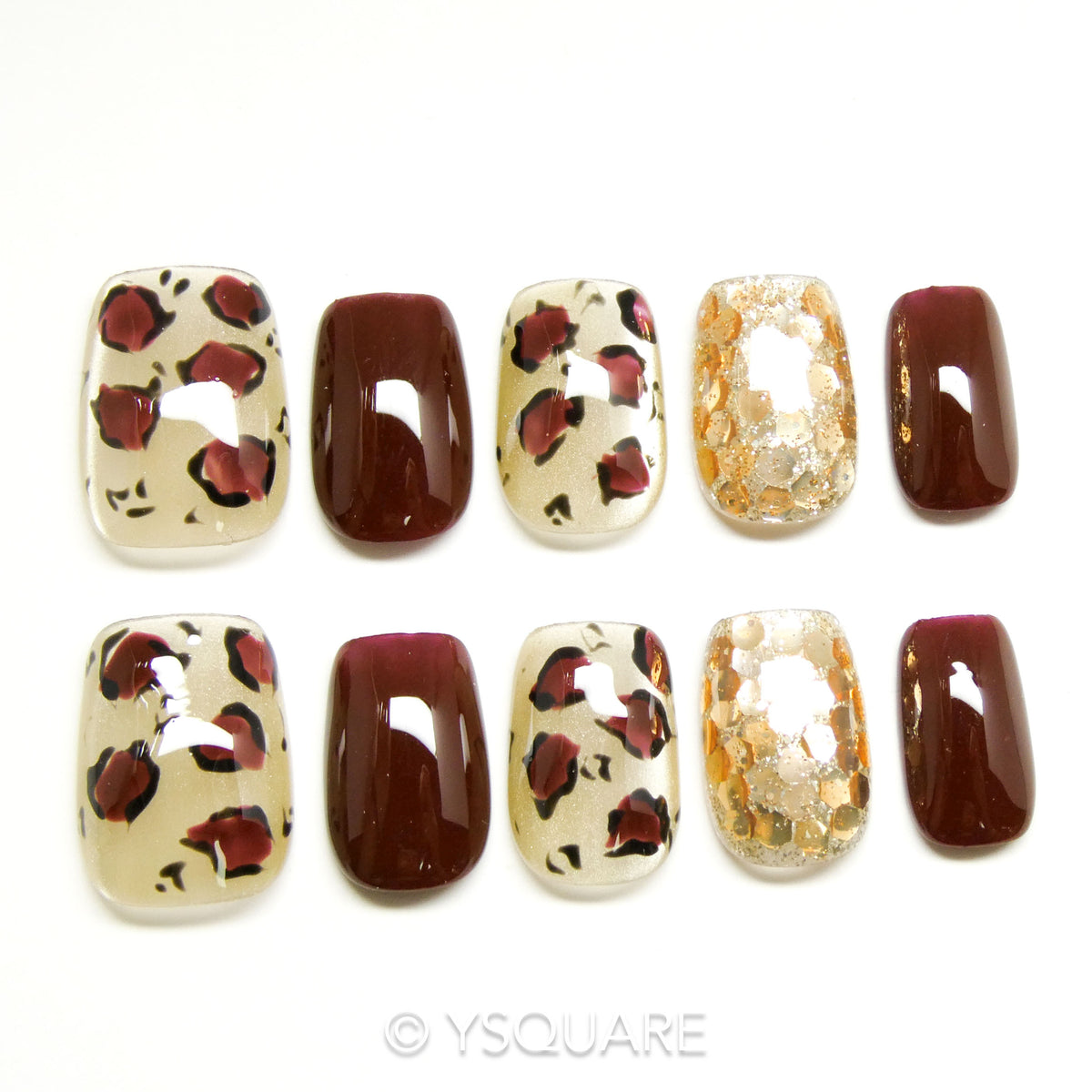 < Léopard Chocolat > Y.Square Faux Ongles Fait Main Réutilisables / Handmade Press On Nails 