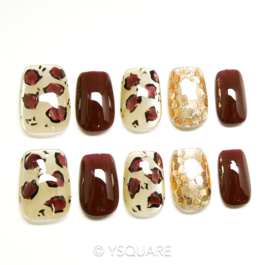< Léopard Chocolat > Y.Square Faux Ongles Fait Main Réutilisables / Handmade Press On Nails 