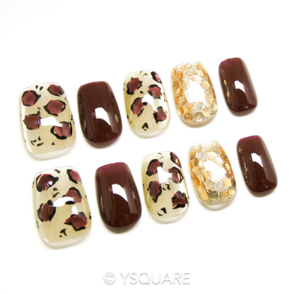 < Léopard Chocolat > Y.Square Faux Ongles Fait Main Réutilisables / Handmade Press On Nails 