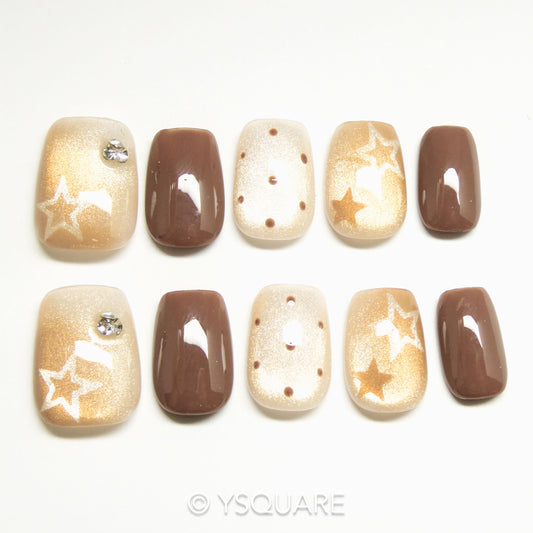 < Macchiato étoilé  > Y.Square Faux Ongles Fait Main Réutilisables / Handmade Press On Nails 