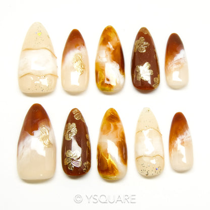< Nuage de Caramel > Y.Square Faux Ongles Fait Main Réutilisables / Handmade Press On Nails 