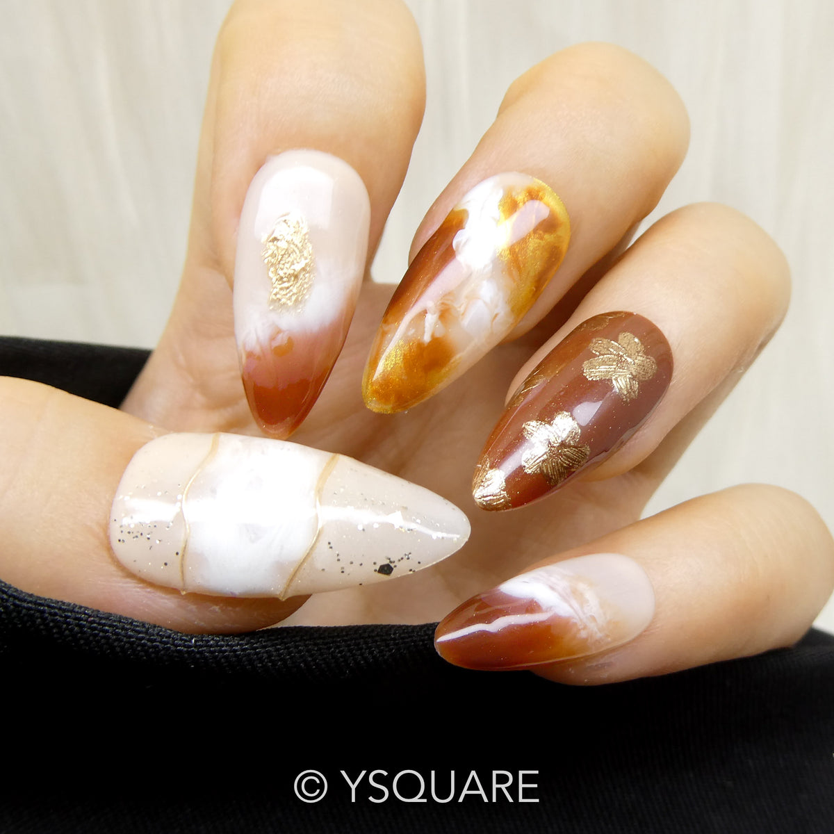 < Nuage de Caramel > Y.Square Faux Ongles Fait Main Réutilisables / Handmade Press On Nails 
