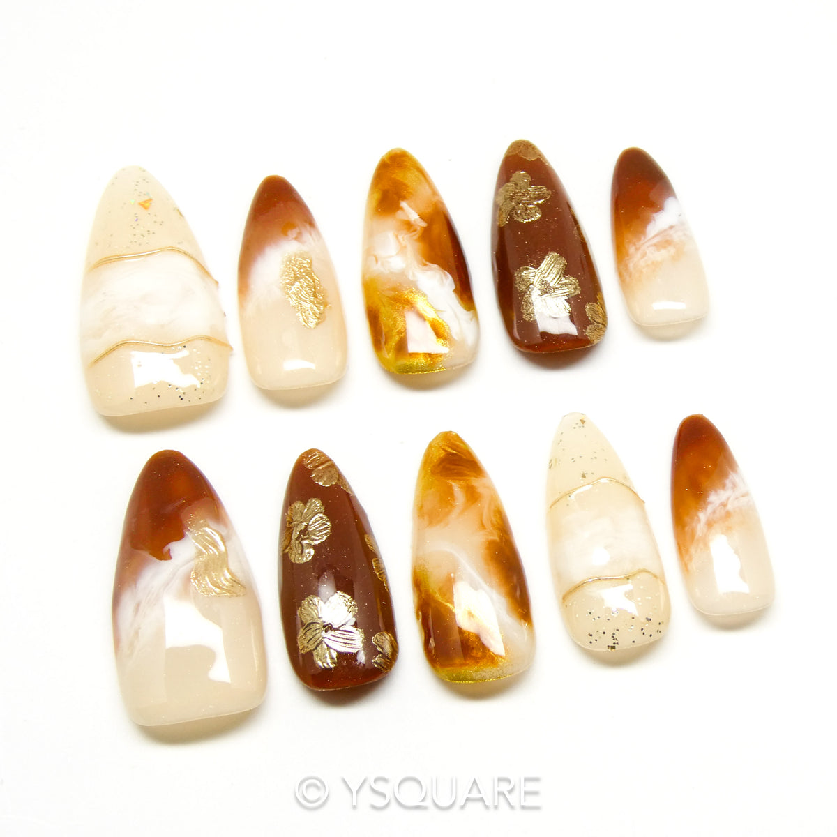 < Nuage de Caramel > Y.Square Faux Ongles Fait Main Réutilisables / Handmade Press On Nails 