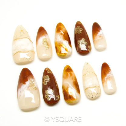 < Nuage de Caramel > Y.Square Faux Ongles Fait Main Réutilisables / Handmade Press On Nails 
