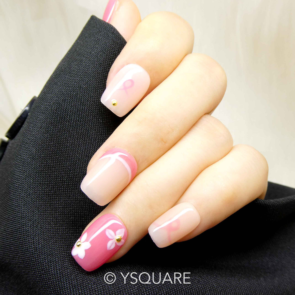 < Octobre Rose > Y.Square Faux Ongles Fait Main Réutilisables / Handmade Press On Nails 