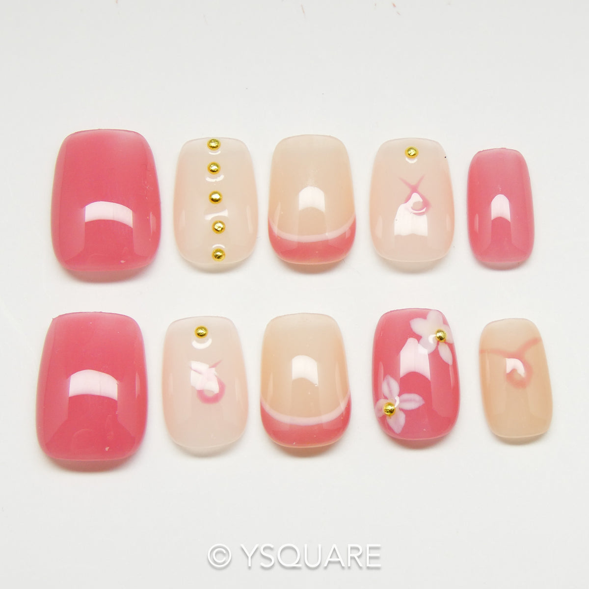 < Octobre Rose > Y.Square Faux Ongles Fait Main Réutilisables / Handmade Press On Nails 