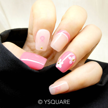 < Octobre Rose > Y.Square Faux Ongles Fait Main Réutilisables / Handmade Press On Nails 