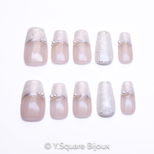 < Perle French >Y.Square Faux Ongles Fait Main Réutilisables