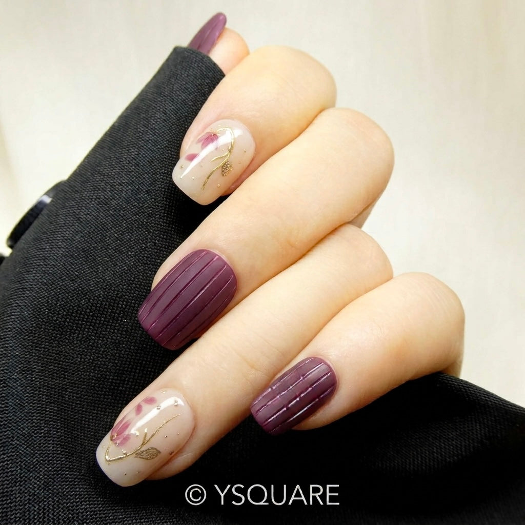 < Pensées Mauves > Y.Square Faux Ongles Fait Main Réutilisables / Handmade Press On Nails 
