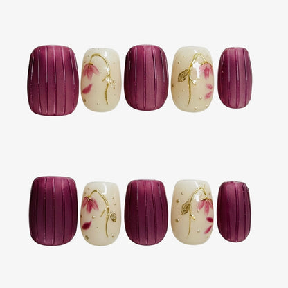 < Pensées Mauves > Y.Square Faux Ongles Fait Main Réutilisables / Handmade Press On Nails 