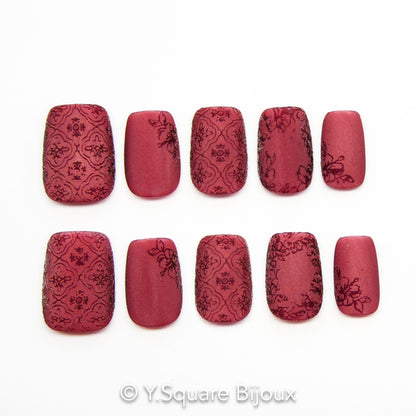 < Velours Brodé > Y.Square Faux Ongles Fait Main Réutilisables