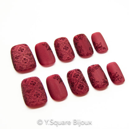 < Velours Brodé > Y.Square Faux Ongles Fait Main Réutilisables