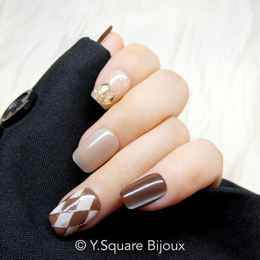 < Amber Latte >Y.Square Faux Ongles Fait Main Réutilisables