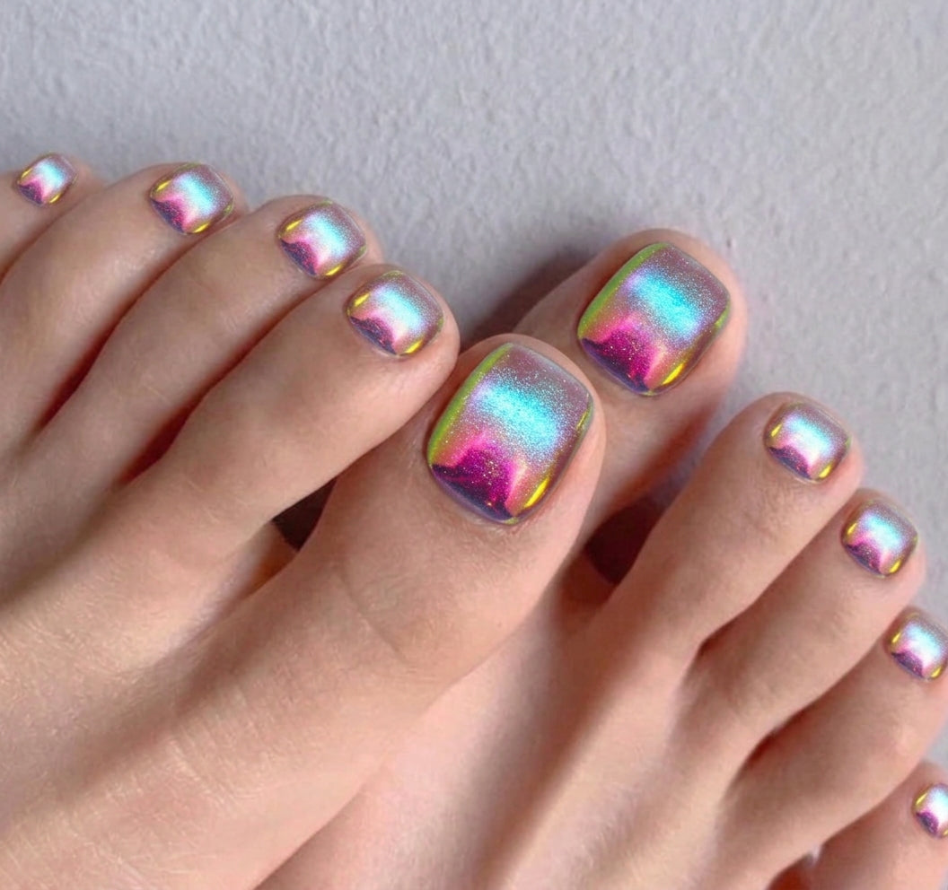 < Pédicure Chrome Neon > – Full Size Set Press-on Nails Handmade pour Pieds