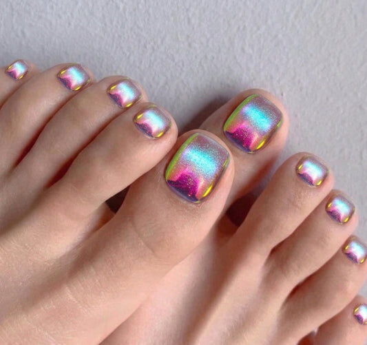 < Pédicure Chrome Neon >  – Taille unique Press-on Nails Faits Main pour Pieds