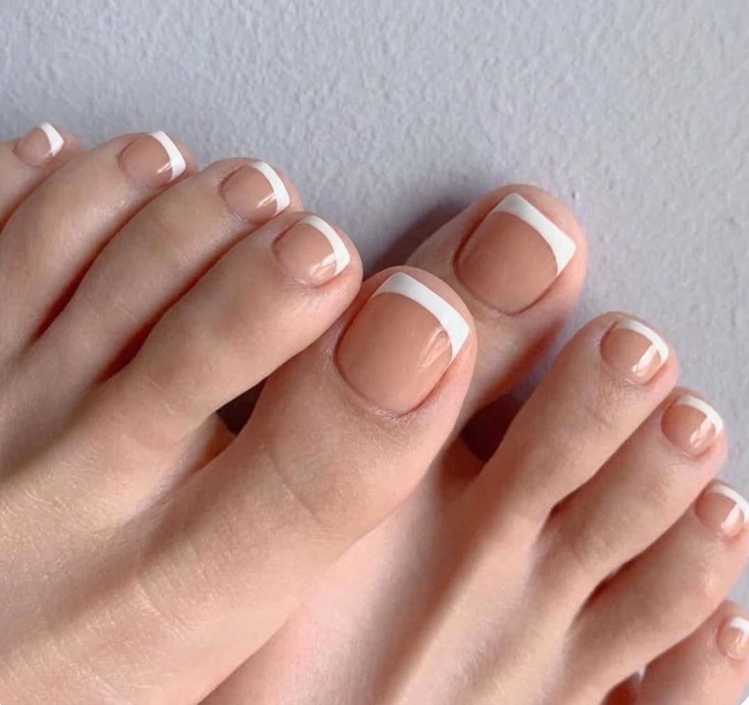 < Pédicure French > – Full Size Set Press-on Nails Handmade for feet