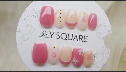 < Octobre Rose > Y.Square Faux Ongles Fait Main Réutilisables / Handmade Press On Nails 