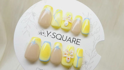 < Crème au Citron > Y.Square Faux Ongles Fait Main Réutilisables