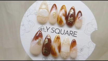 < Nuage de Caramel > Y.Square Faux Ongles Fait Main Réutilisables / Handmade Press On Nails 