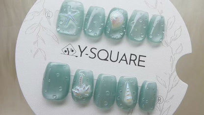 < Plage > Y.Square Press On Nails / Faux Ongles Fait Main Réutilisables