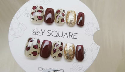< Léopard Chocolat > Y.Square Faux Ongles Fait Main Réutilisables / Handmade Press On Nails 
